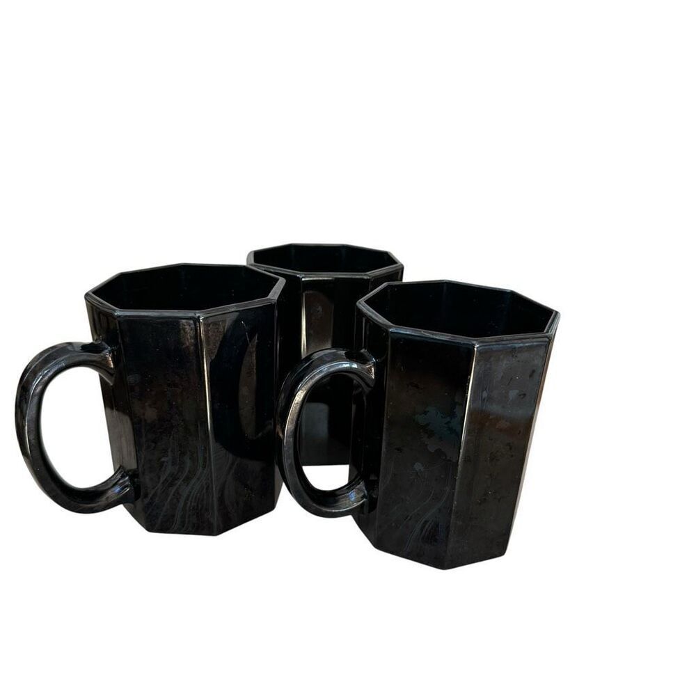 Arcoroc France Vintage Black Octagon Coffee Tea Mugs Cups set of 3